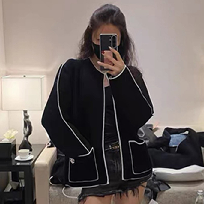 chanel contrast piping open front knit cardigan